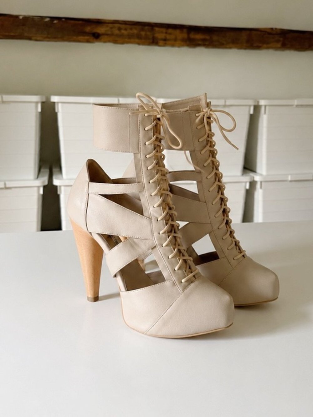 Kathryn Amberleigh Leather Cut Out Lace Up Platform Heels Nude Size 6.5 $300